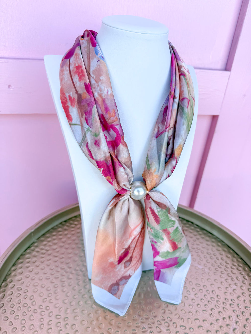 Watercolor Florals Scarf Necklace - Pink/Blush