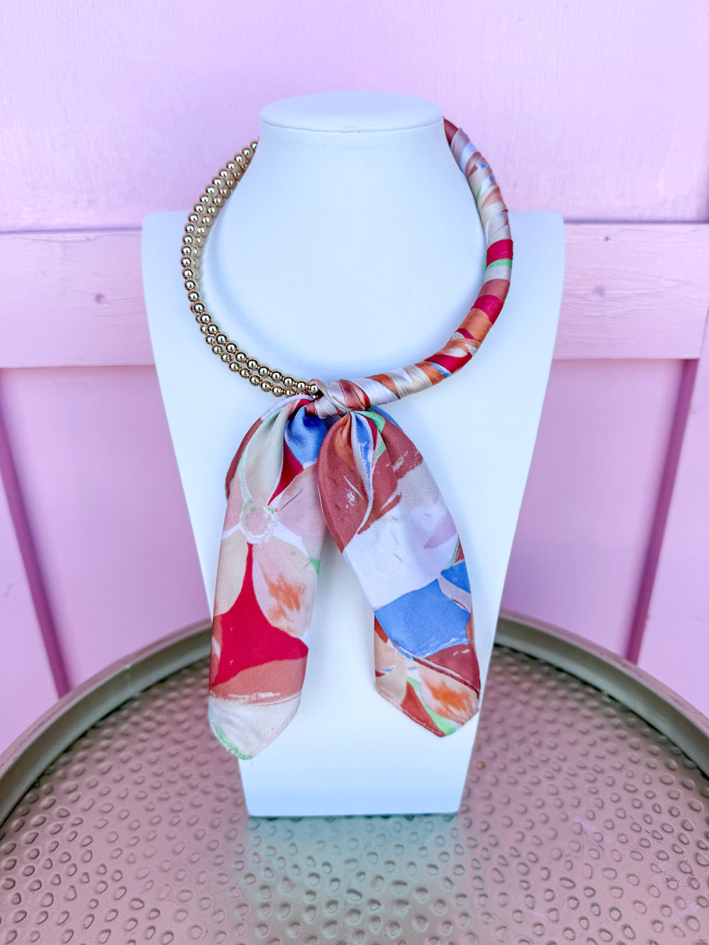 Conversation Starter Beaded Scarf Necklace - Peach Multi