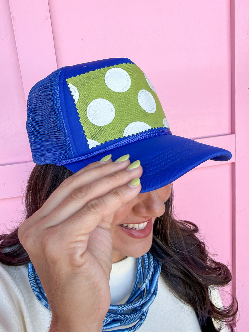 Tucker's Trucker hat womens boutique royal blue green white polka dots jincy's