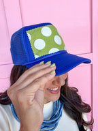Tucker's Trucker hat womens boutique royal blue green white polka dots jincy's