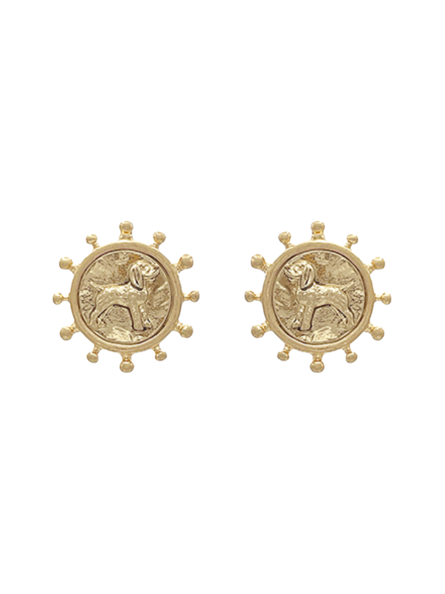 Smokey Hound Dog Coin Earrings - Vintage Gold
