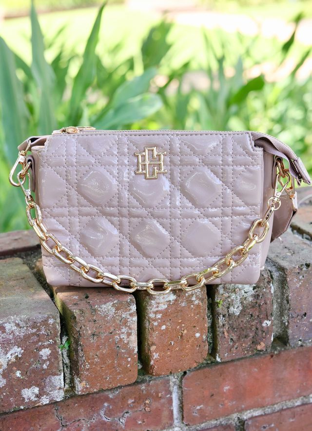 Caroline Hill | Jace Quilted Crossbody - Taupe Patent LQ