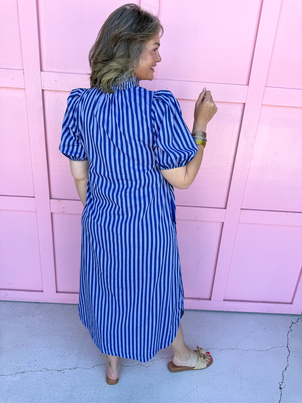 Mock Collar Puff Sleeves Full Front Button blue on blue stripes dress womens boutique jincy's 