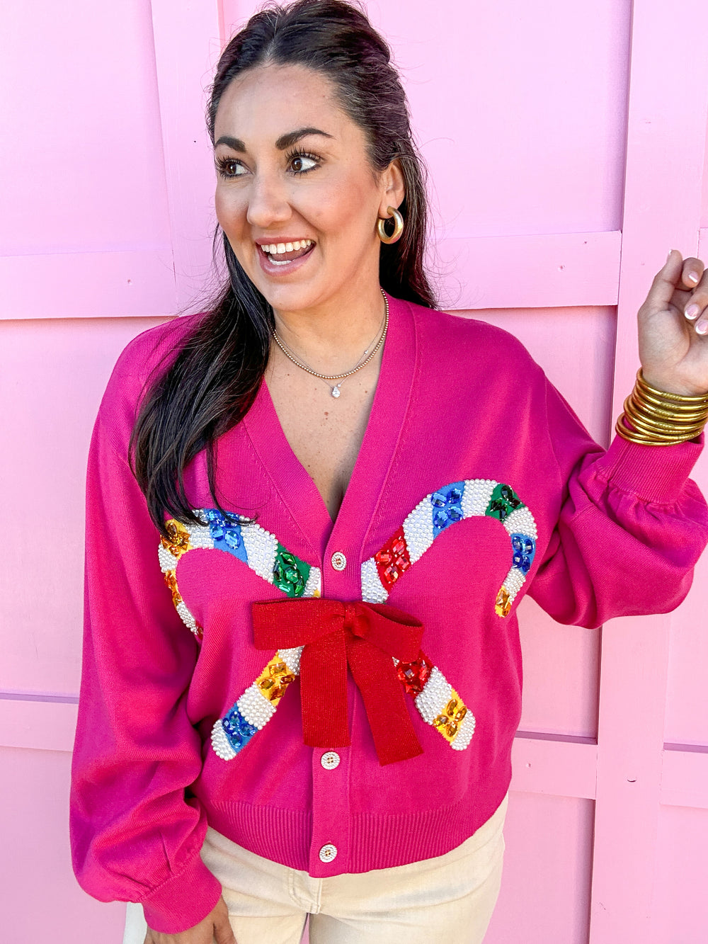 QUEEN OF SPARKLES | Pink Cardigan with Candy Cane & Bow