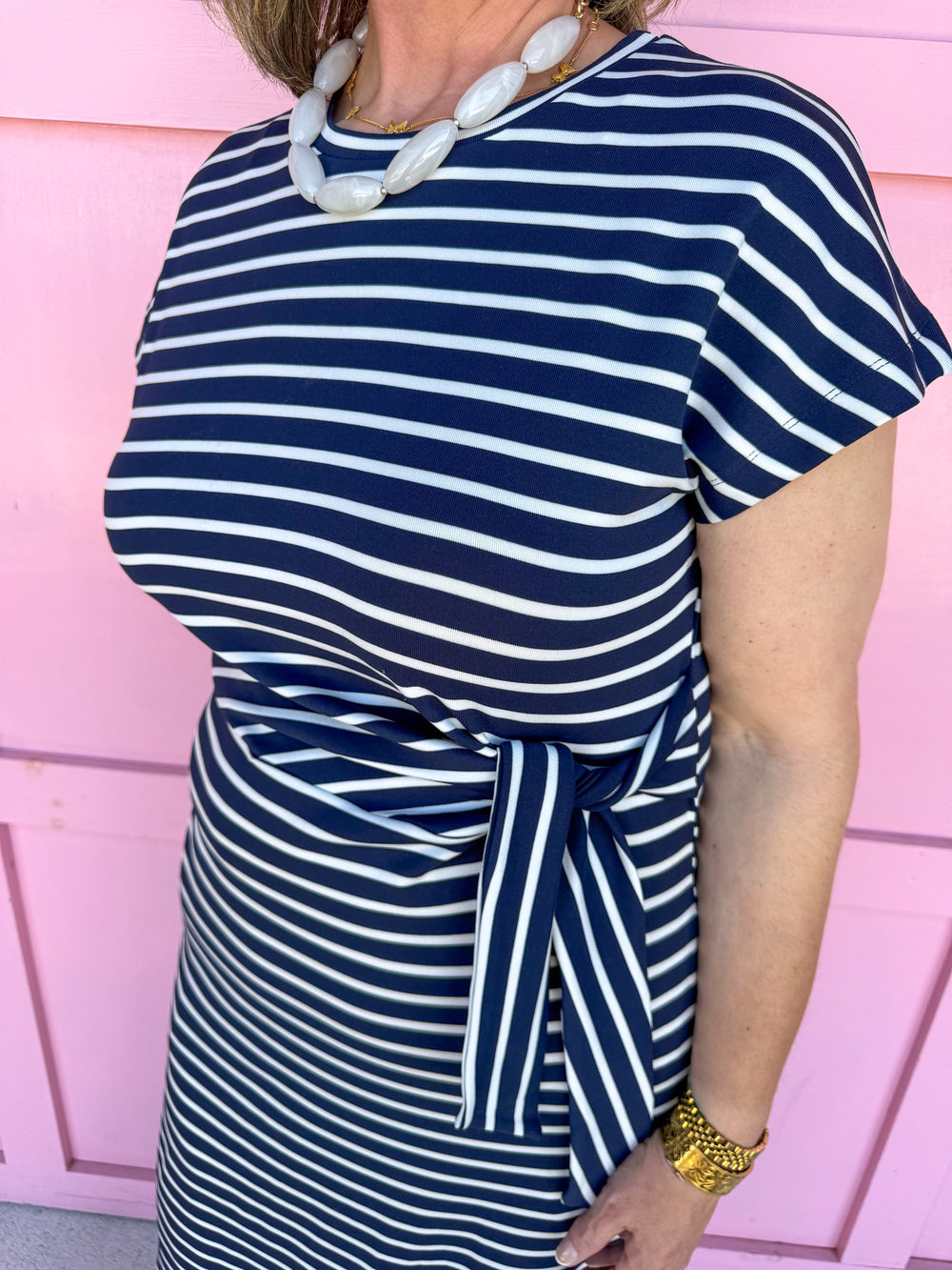 Striped & Tied Dress - Navy