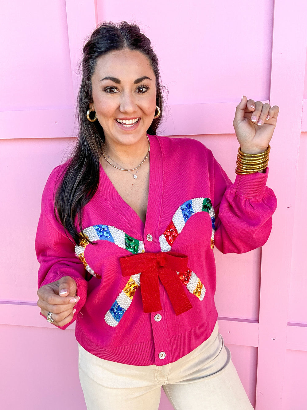 QUEEN OF SPARKLES | Pink Cardigan with Candy Cane & Bow