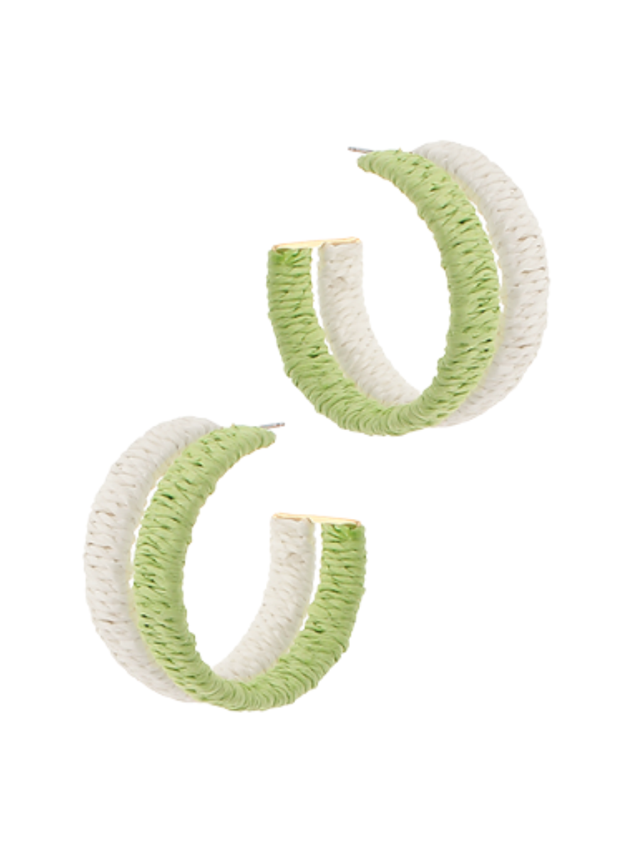 Raffia Pop Hoop Earrings - Green/White