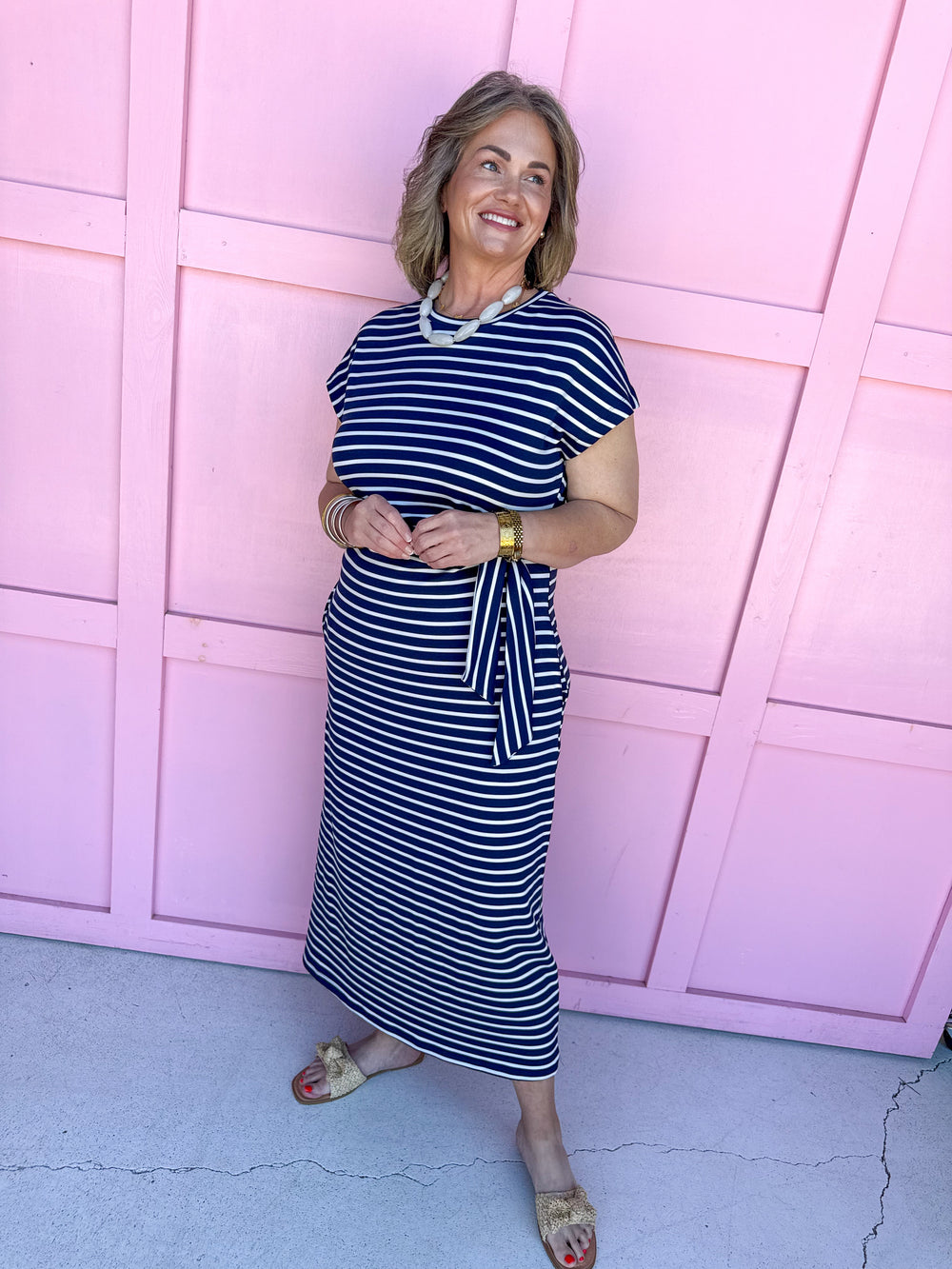 Striped & Tied Dress - Navy