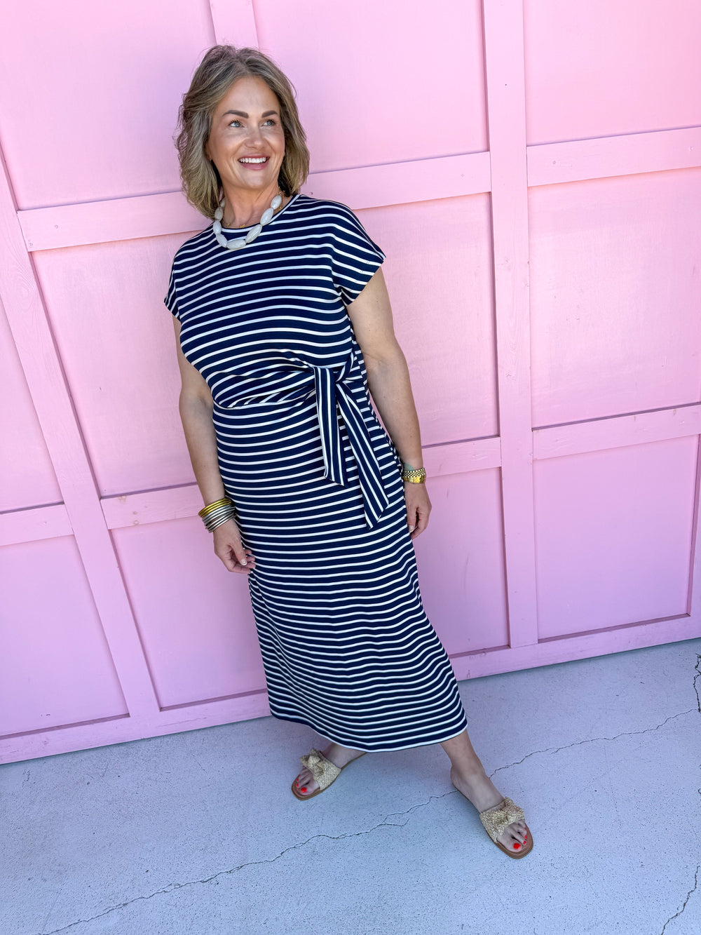Striped & Tied Dress - Navy