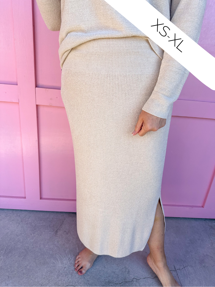 Barefoot Dreams | CozyChic Ribbed Midi Skirt - Stone