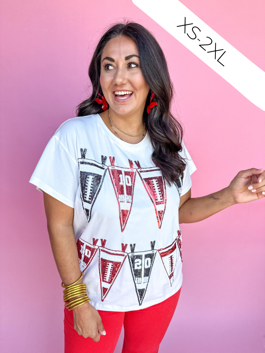 QUEEN OF SPARKLES | Black & Red Football Pennant Tee