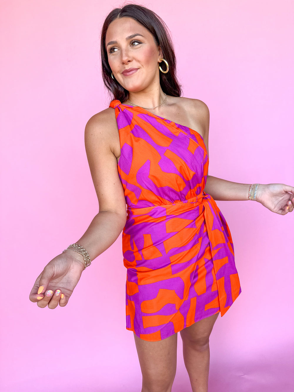 KARLIE | Geometric Poplin One Shoulder Dress