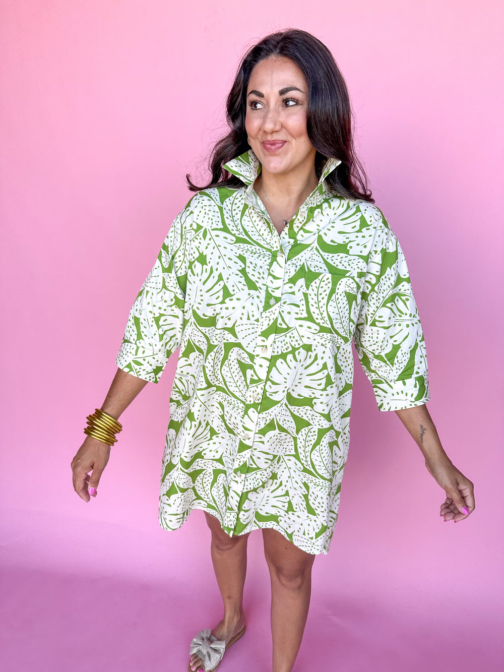 KARLIE | Ibiza Palm Shirt Dress