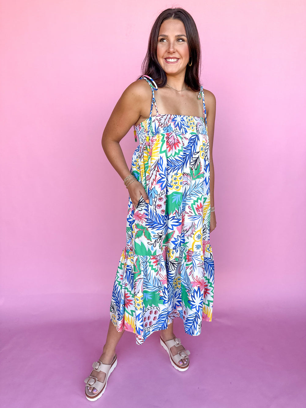 KARLIE | Multi Palm Poplin Smock Tier Maxi Dress