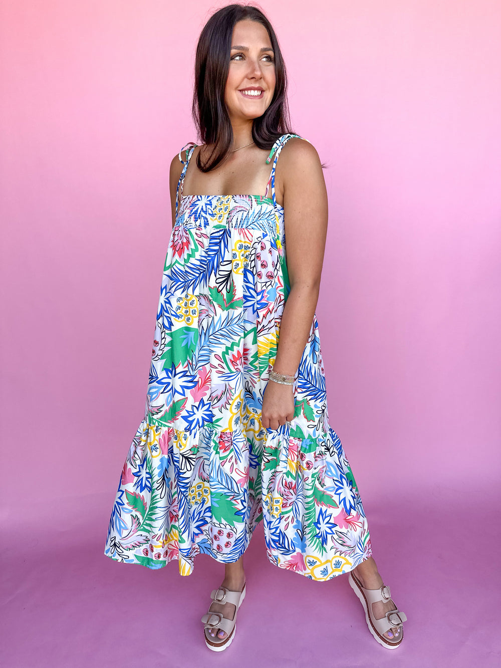 KARLIE | Multi Palm Poplin Smock Tier Maxi Dress