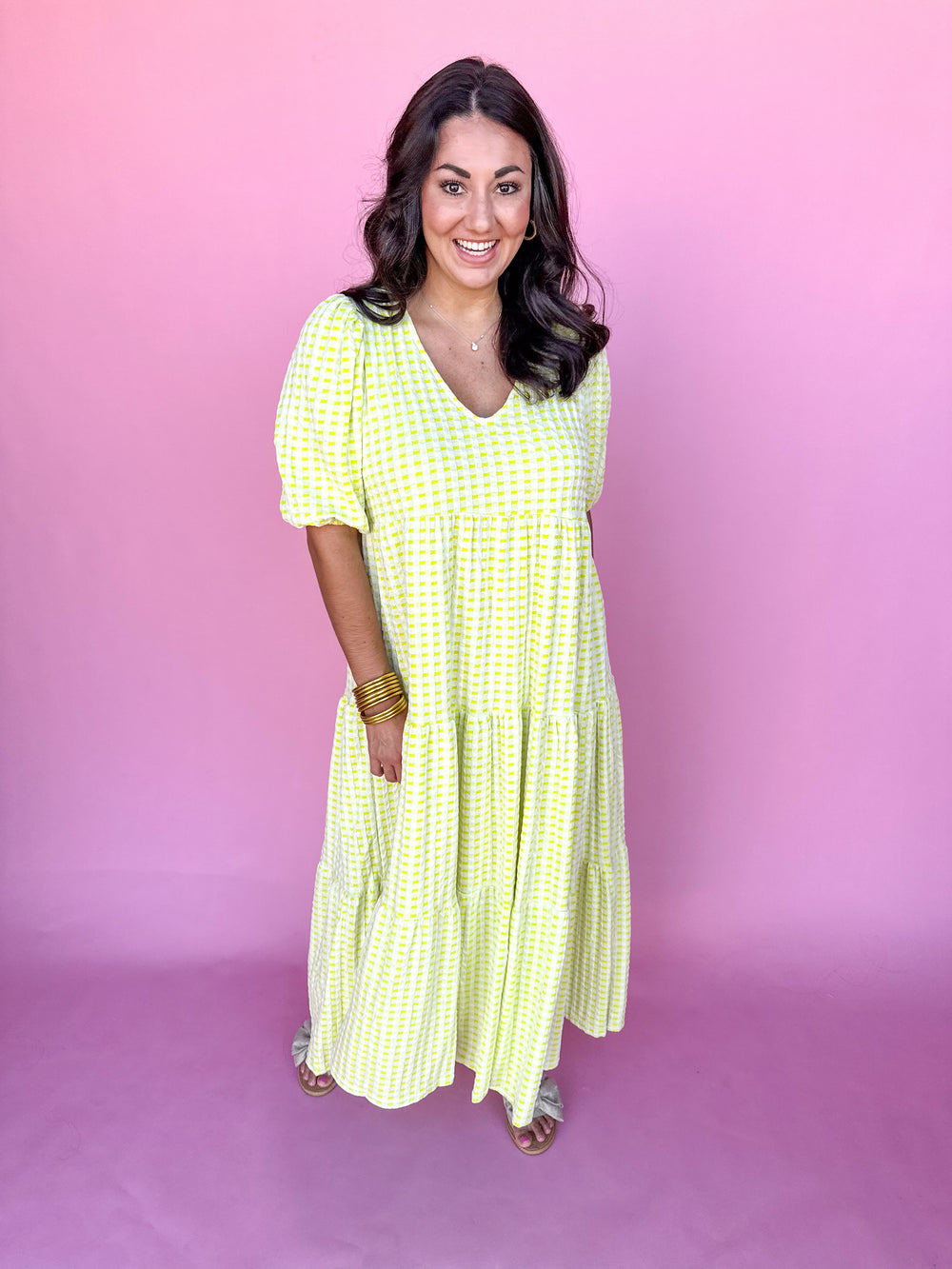 KARLIE | Check Plaid Jacquard Puff Sleeve Maxi Dress