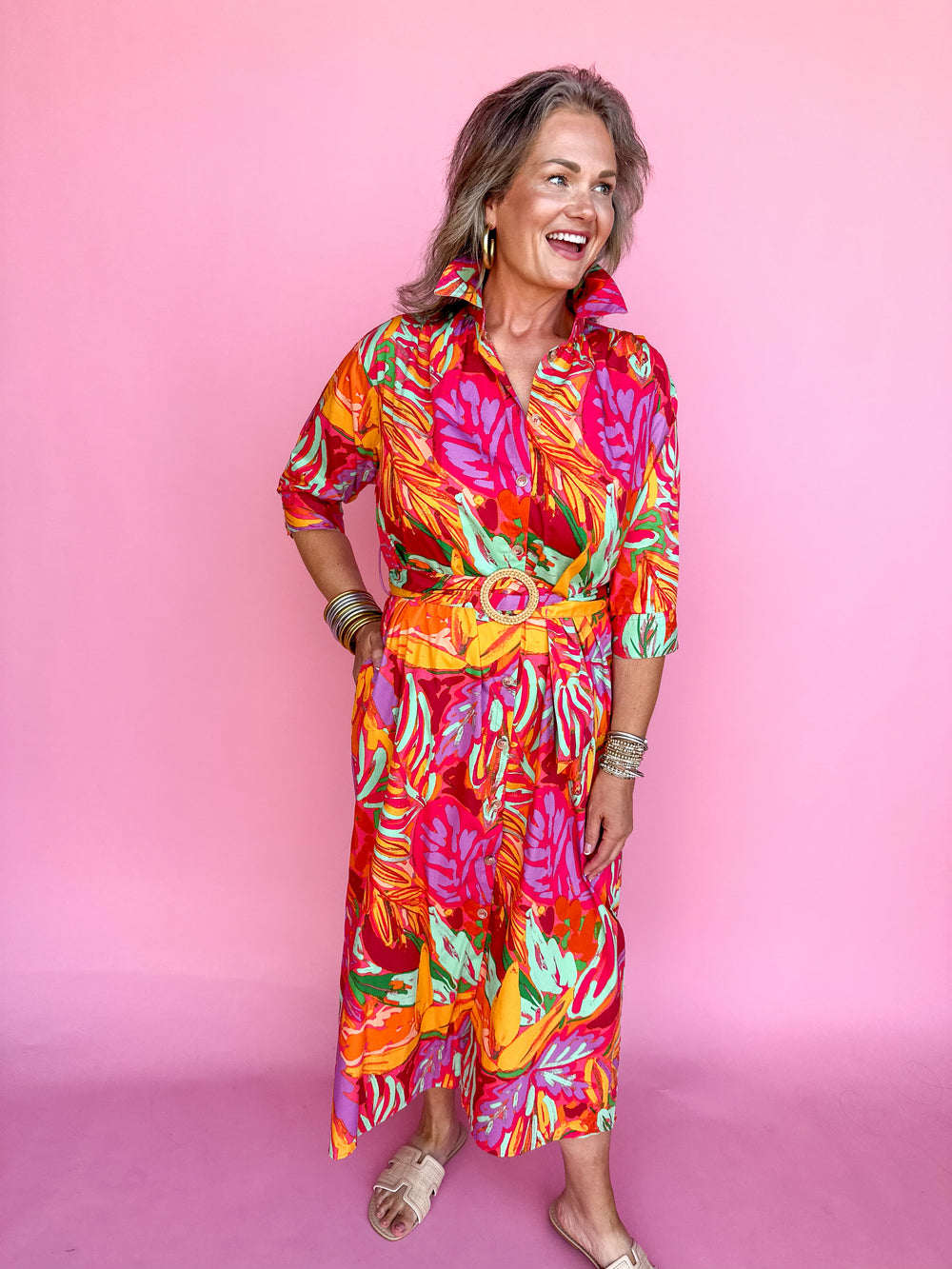 KARLIE | Abstract Tropical Palm Shirt Maxi Dress