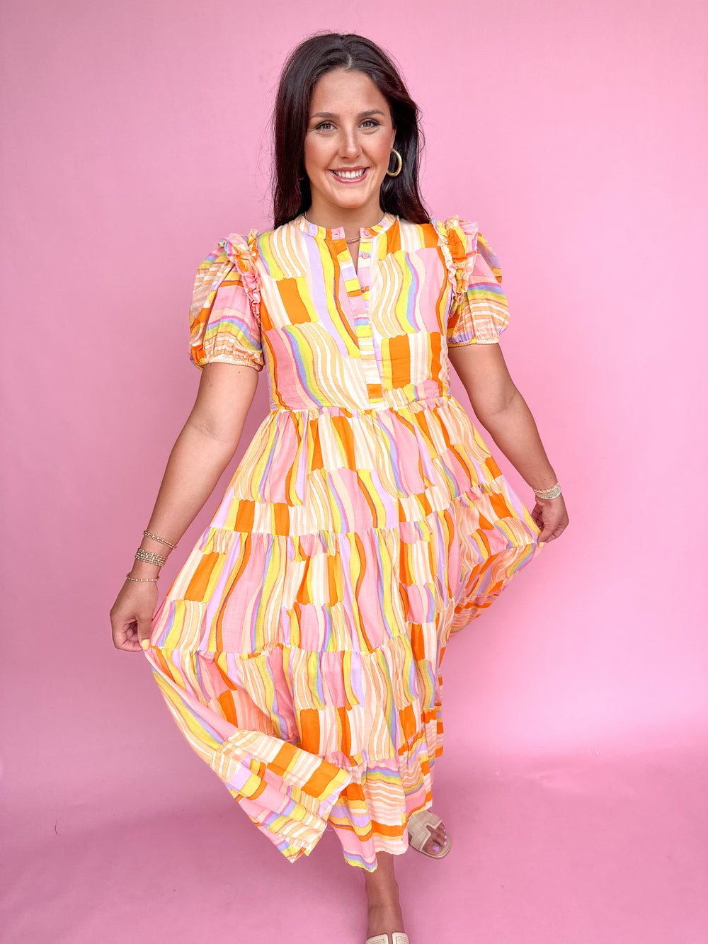 KARLIE | Multi Stripe Puff Sleeve Tier Dress