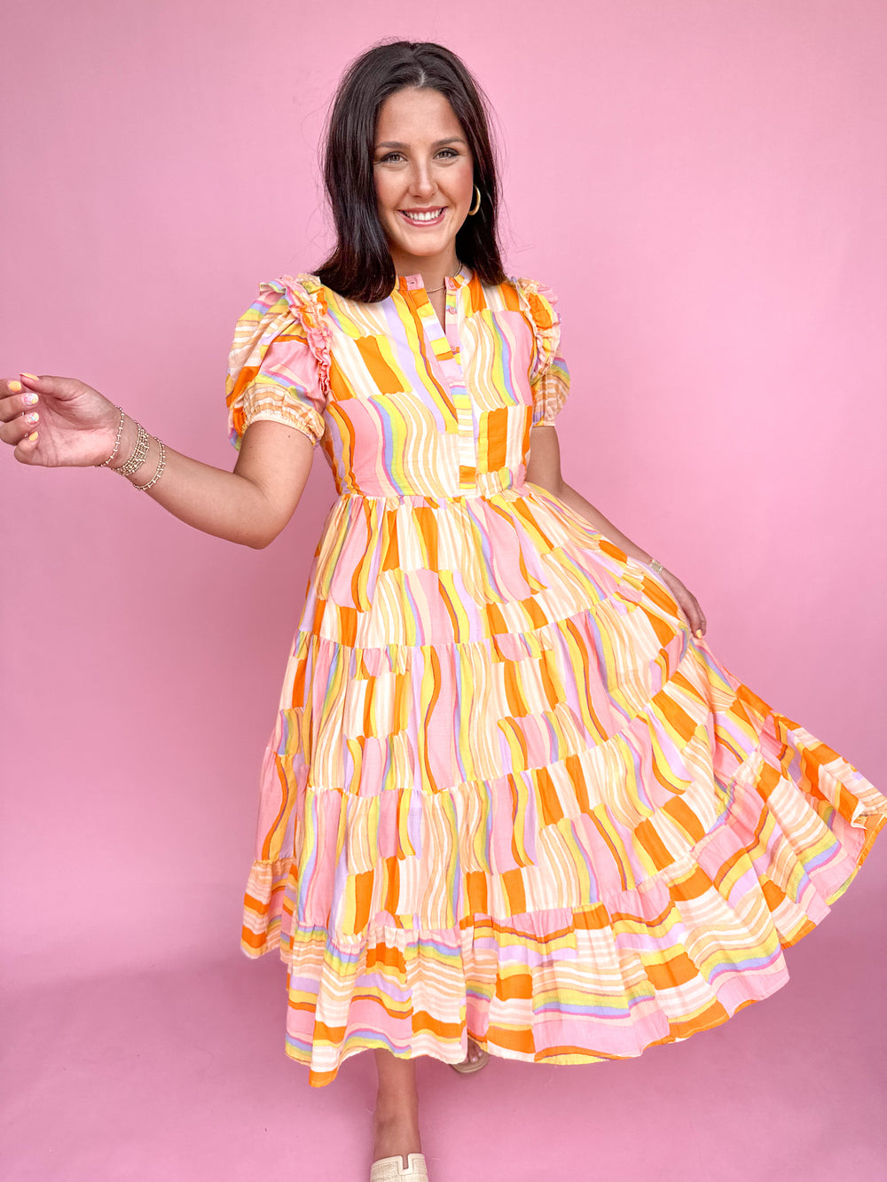 KARLIE | Multi Stripe Puff Sleeve Tier Dress