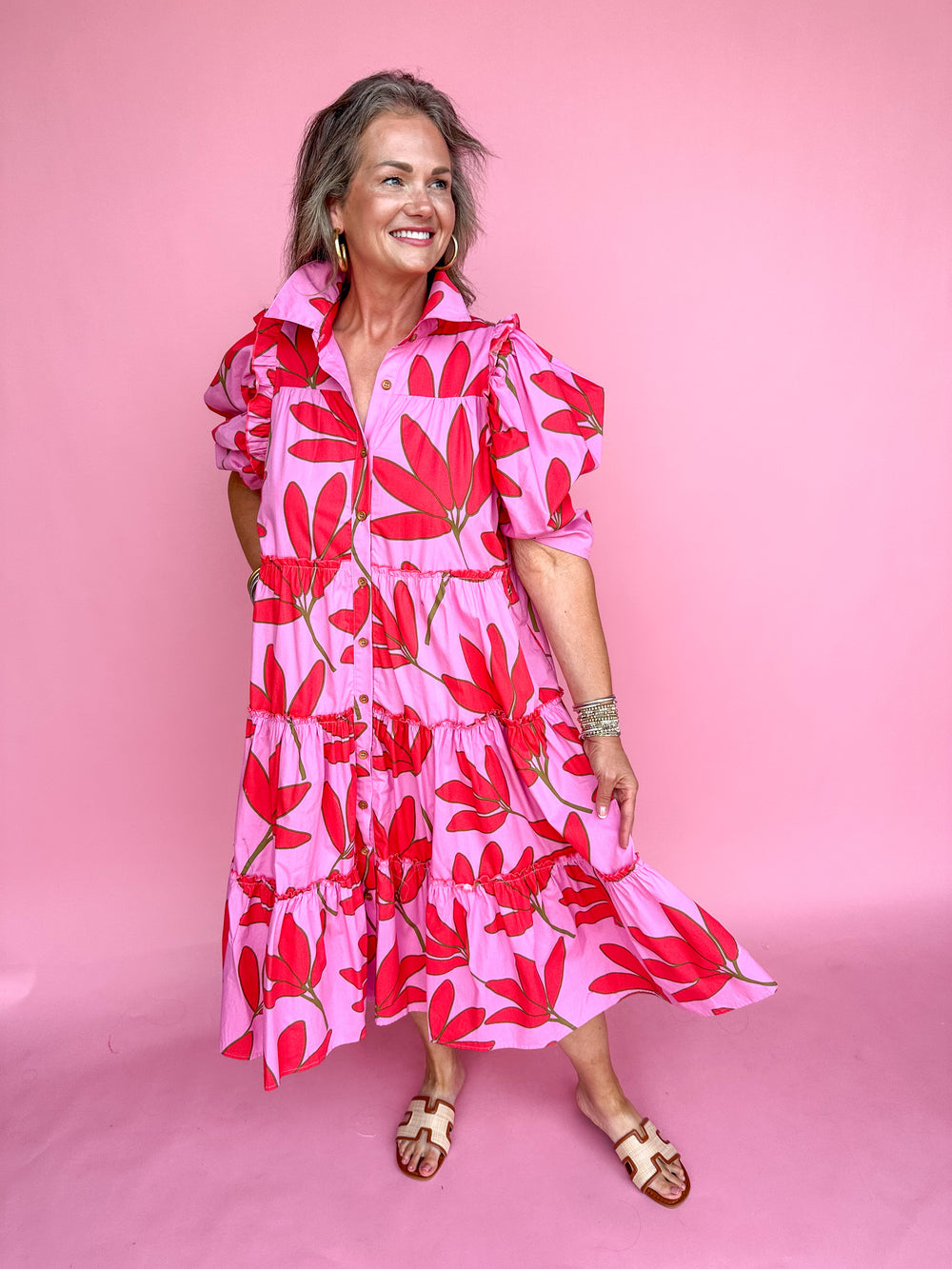 KARLIE | Palm Floral Tier Midi Dress