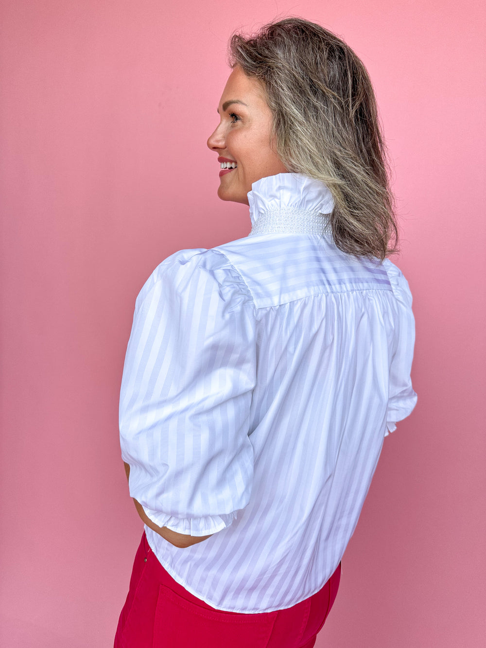 KARLIE | Stripe Poplin Puff Sleeve Ruffle Top - White
