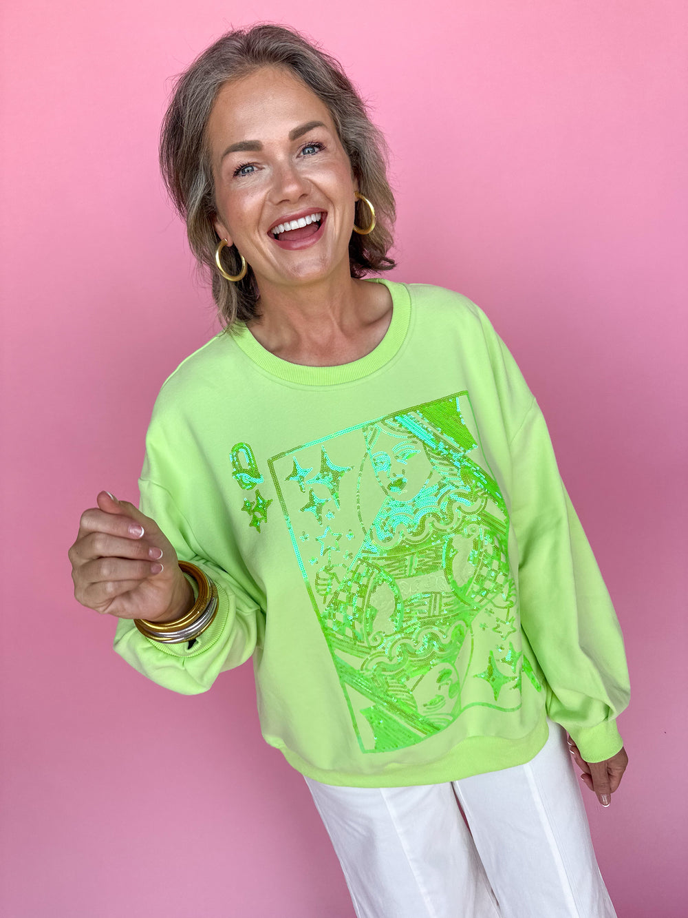 QUEEN OF SPARKLES | Lime Green Tonal QOS Logo Sweatshirt