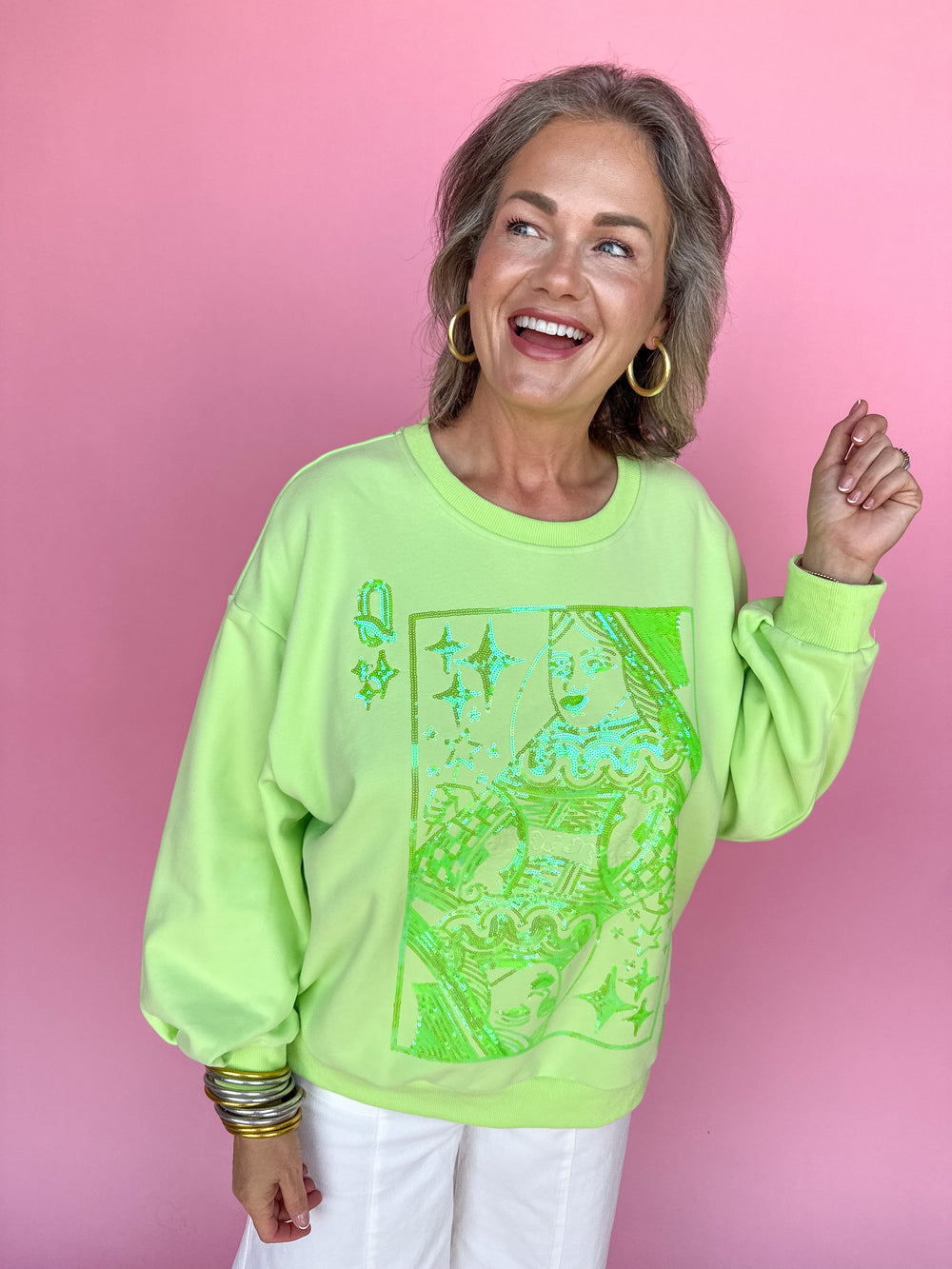 QUEEN OF SPARKLES | Lime Green Tonal QOS Logo Sweatshirt