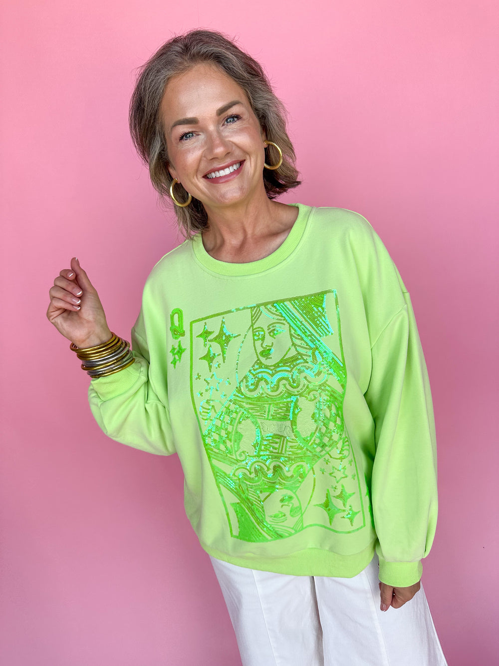 QUEEN OF SPARKLES | Lime Green Tonal QOS Logo Sweatshirt