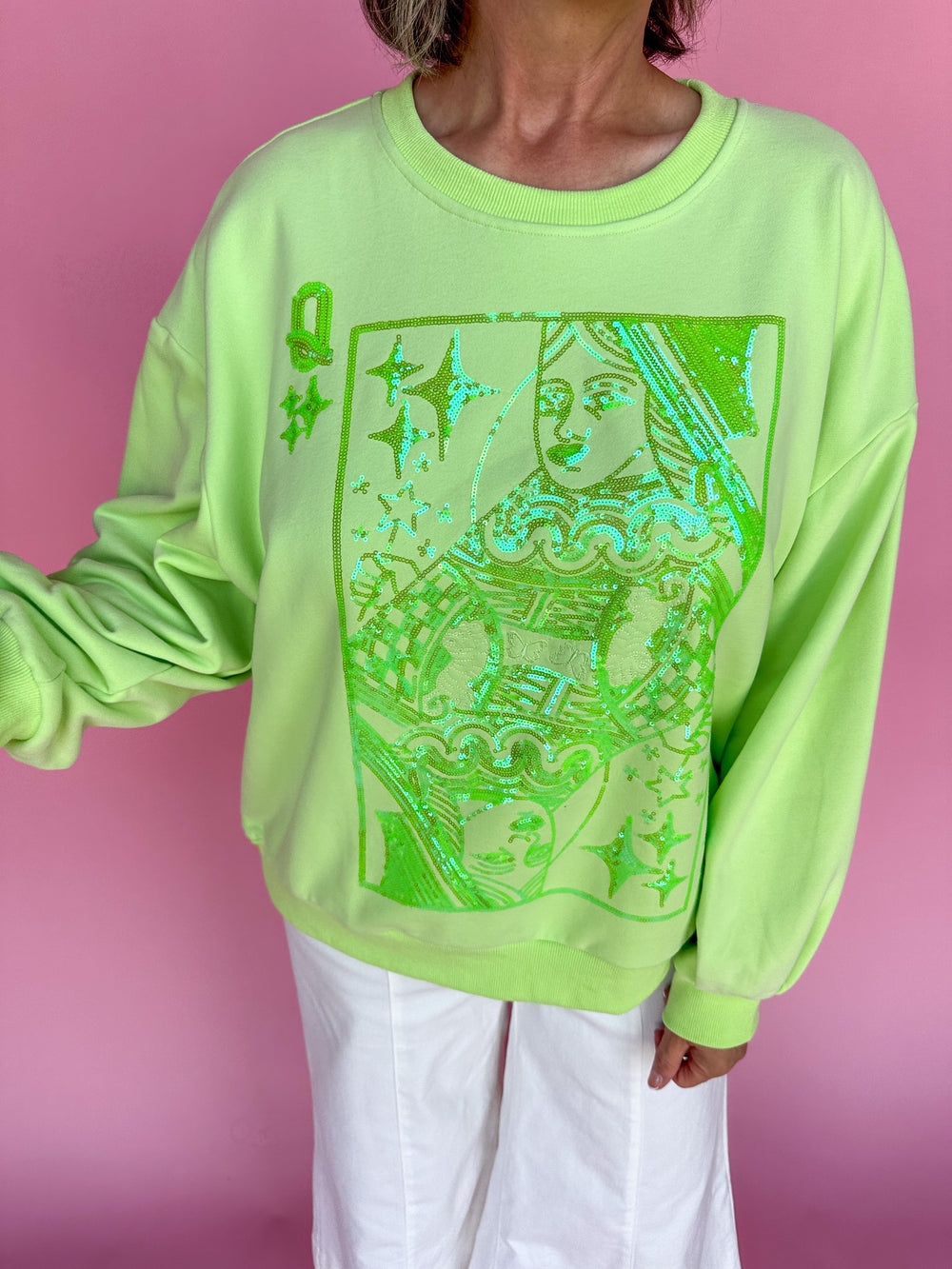 QUEEN OF SPARKLES | Lime Green Tonal QOS Logo Sweatshirt