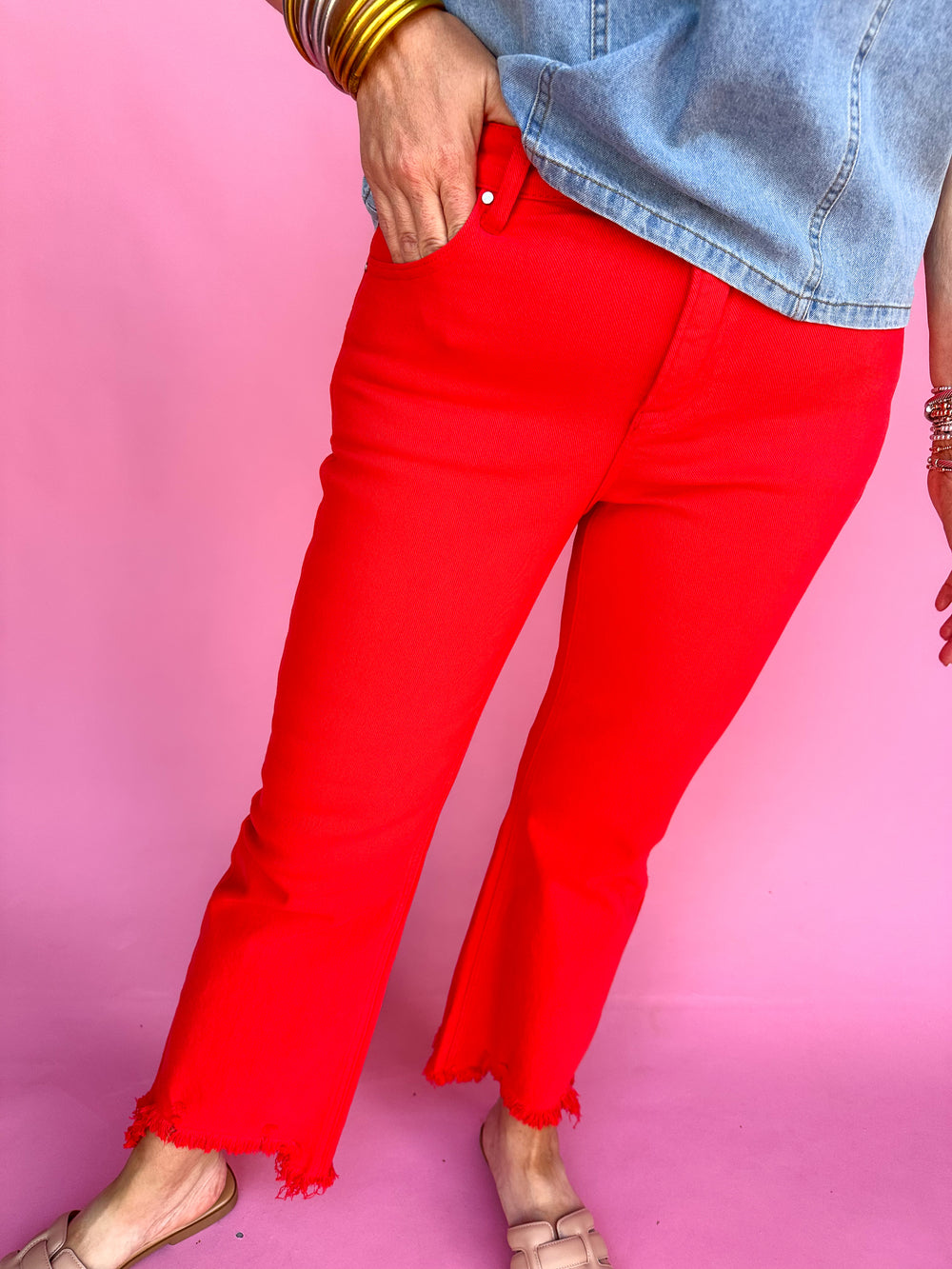 RISEN | Mid-Rise Straight Step Hem Jeans - Red
