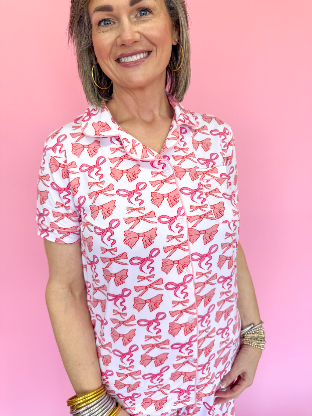 The Royal Standard Short Sleeve Button Up Pajama Shirt Sleepwear Loungewear Bows Collar Women's Gift Jincy's Boutique 