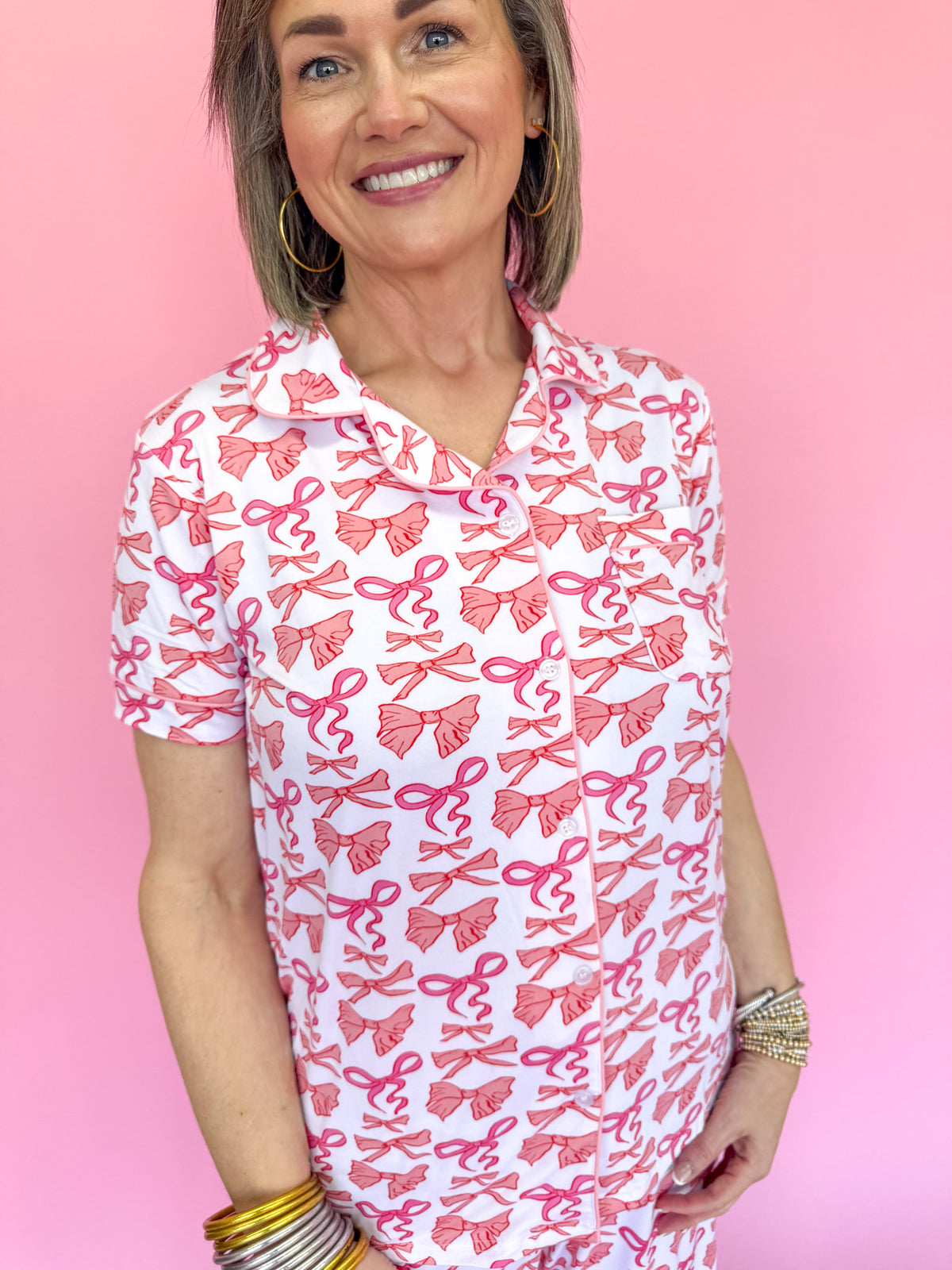 The Royal Standard Short Sleeve Button Up Pajama Shirt Sleepwear Loungewear Bows Collar Women's Gift Jincy's Boutique 