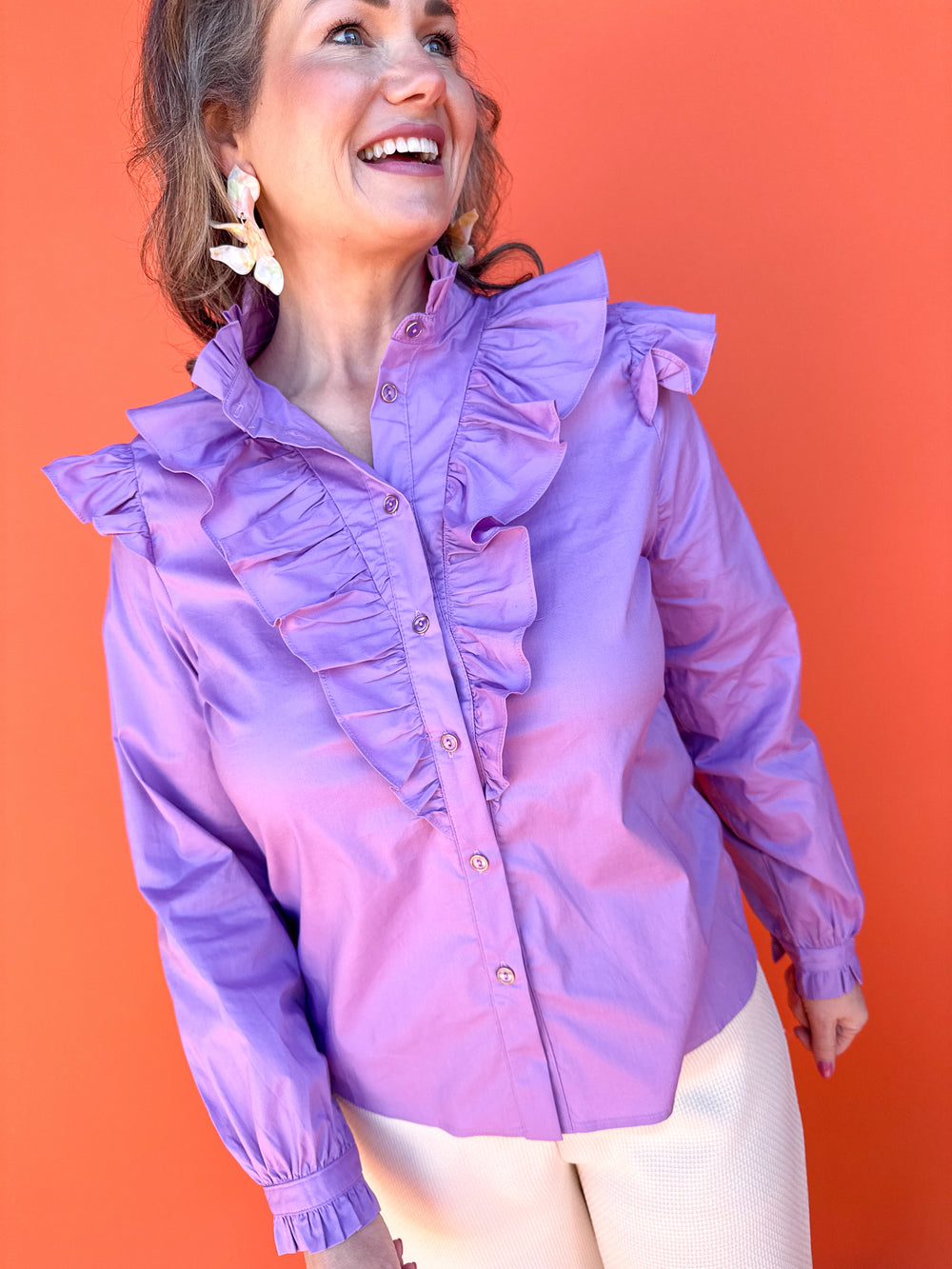 KARLIE | Solid Poplin Ruffle Button Top - Purple
