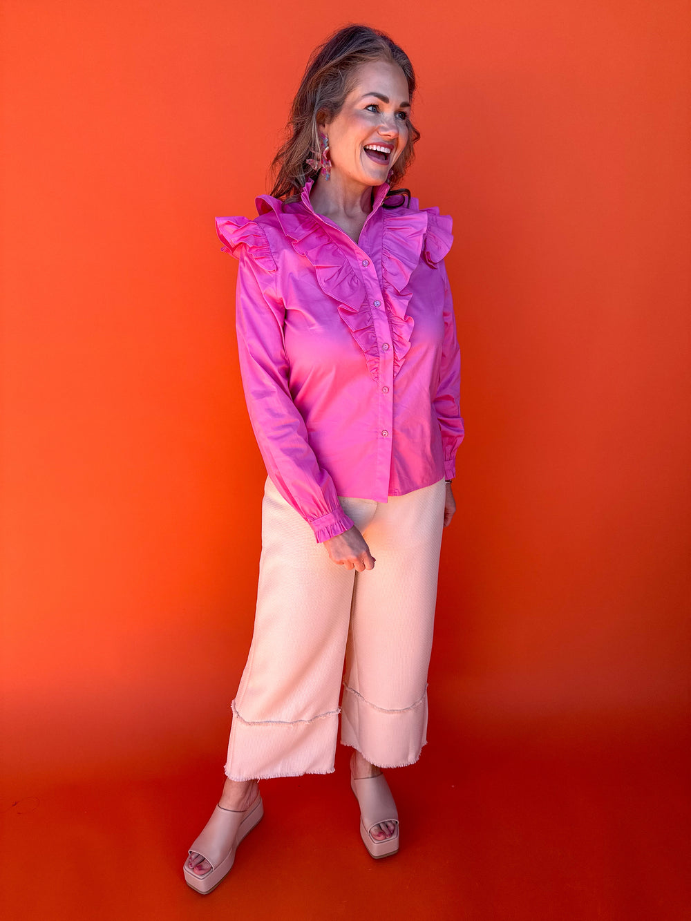 KARLIE | Solid Poplin Ruffle Button Top - Pink