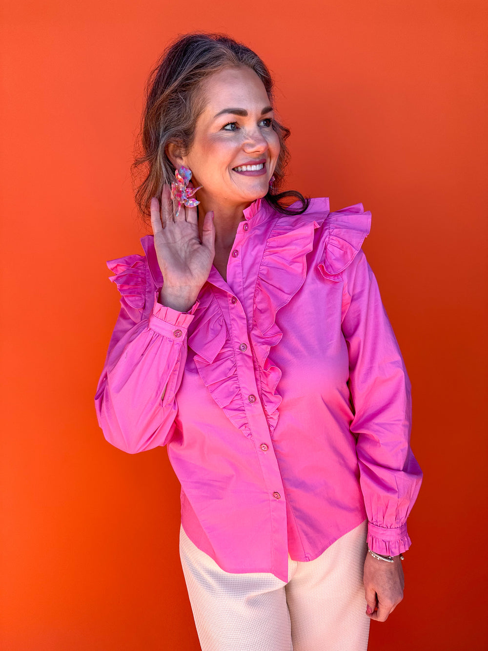 KARLIE | Solid Poplin Ruffle Button Top - Pink