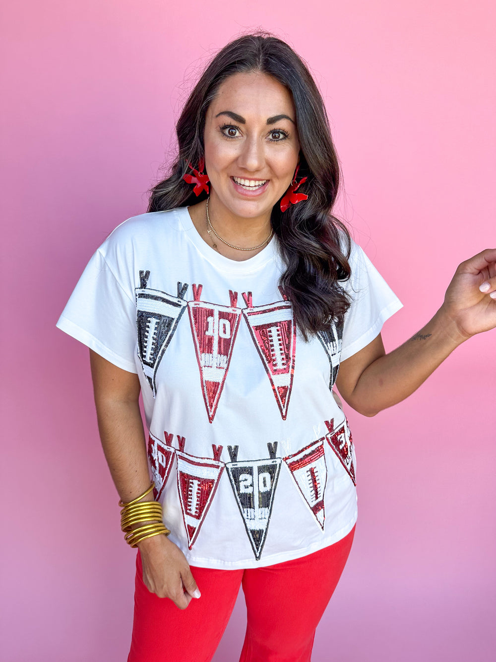 QUEEN OF SPARKLES | Black & Red Football Pennant Tee