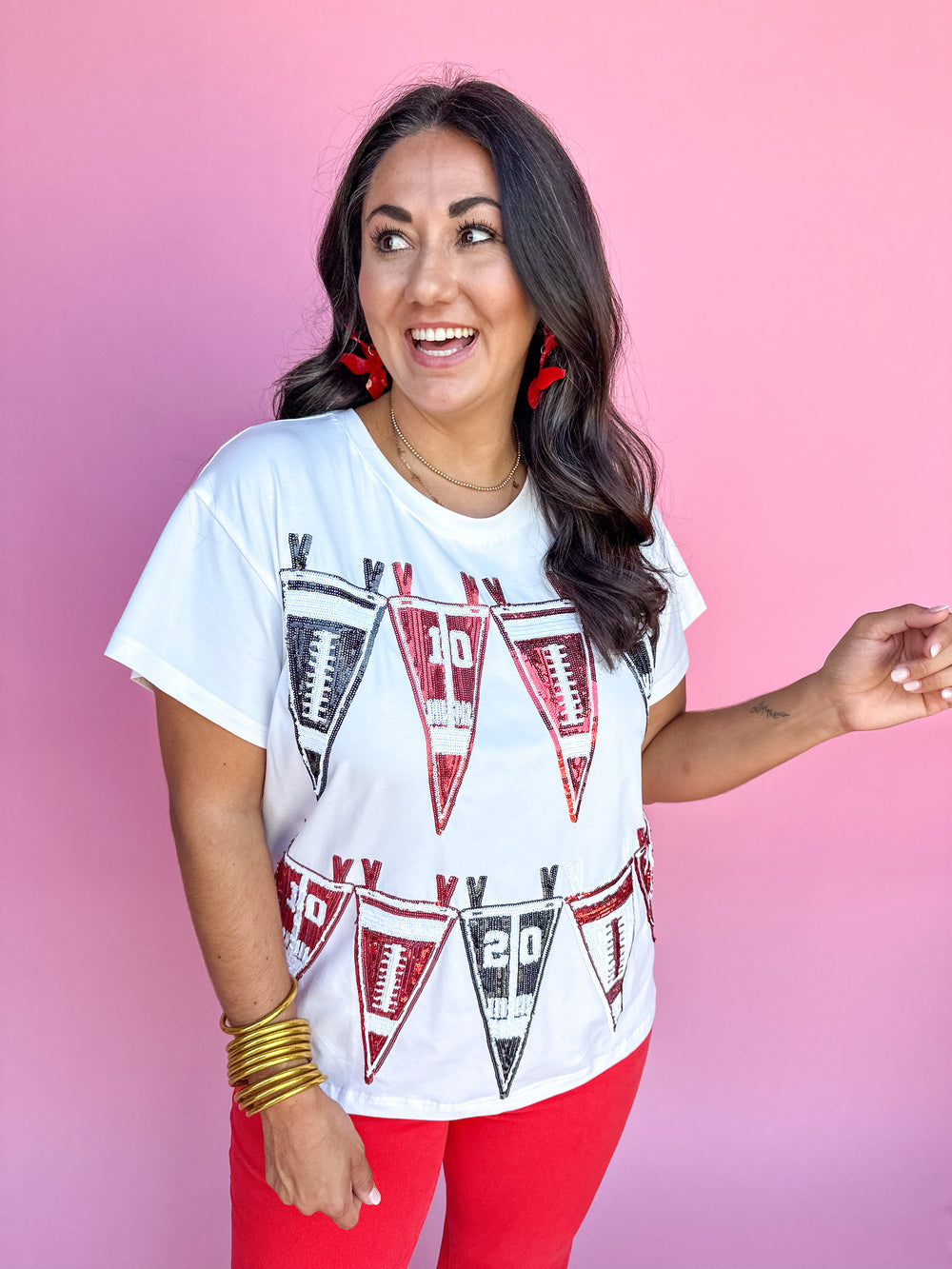 QUEEN OF SPARKLES | Black & Red Football Pennant Tee