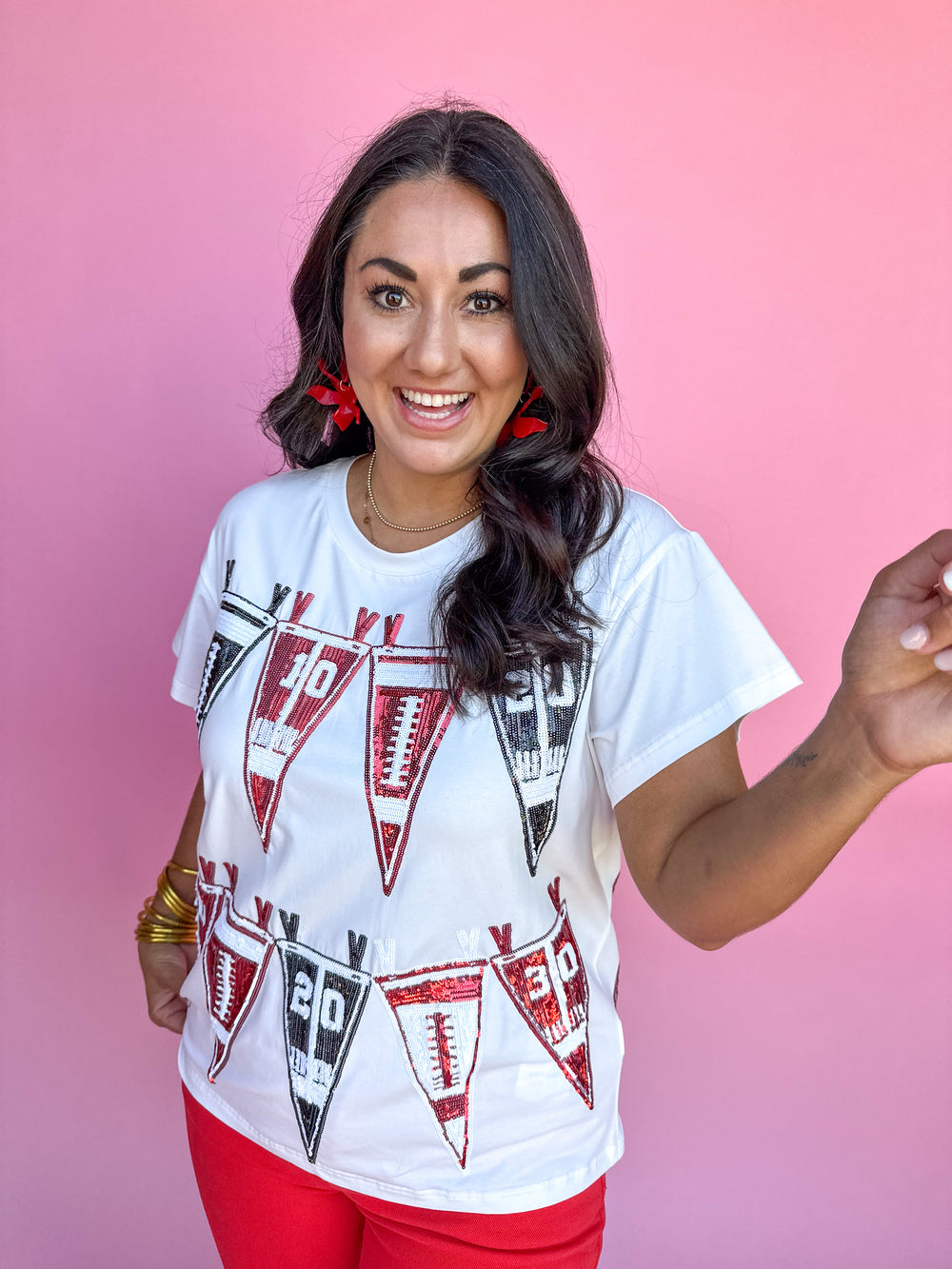 QUEEN OF SPARKLES | Black & Red Football Pennant Tee