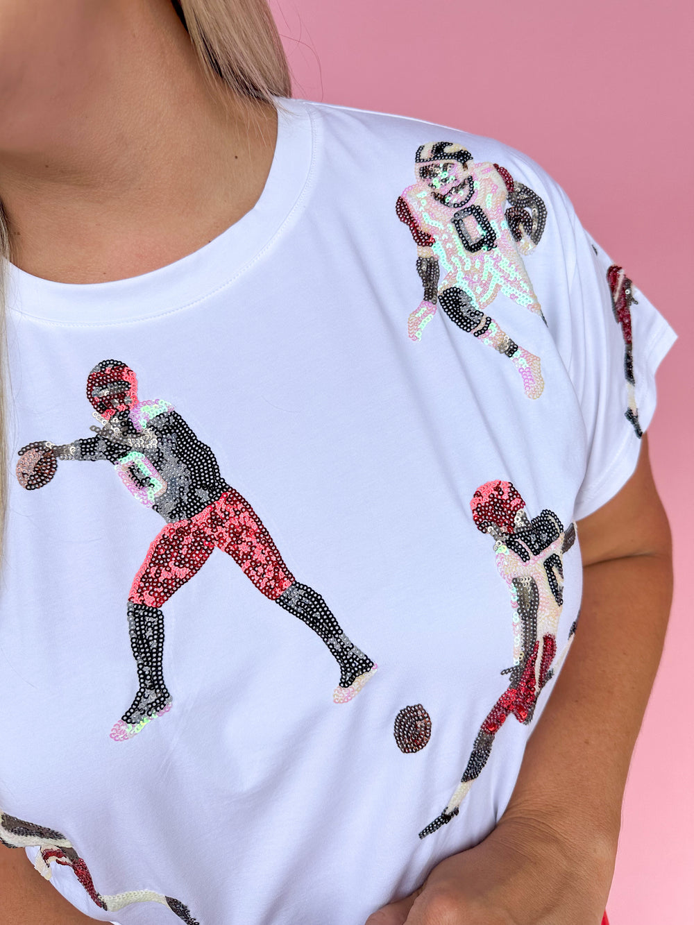 QUEEN OF SPARKLES | White, Black, & Red Scattered Football Players Tee