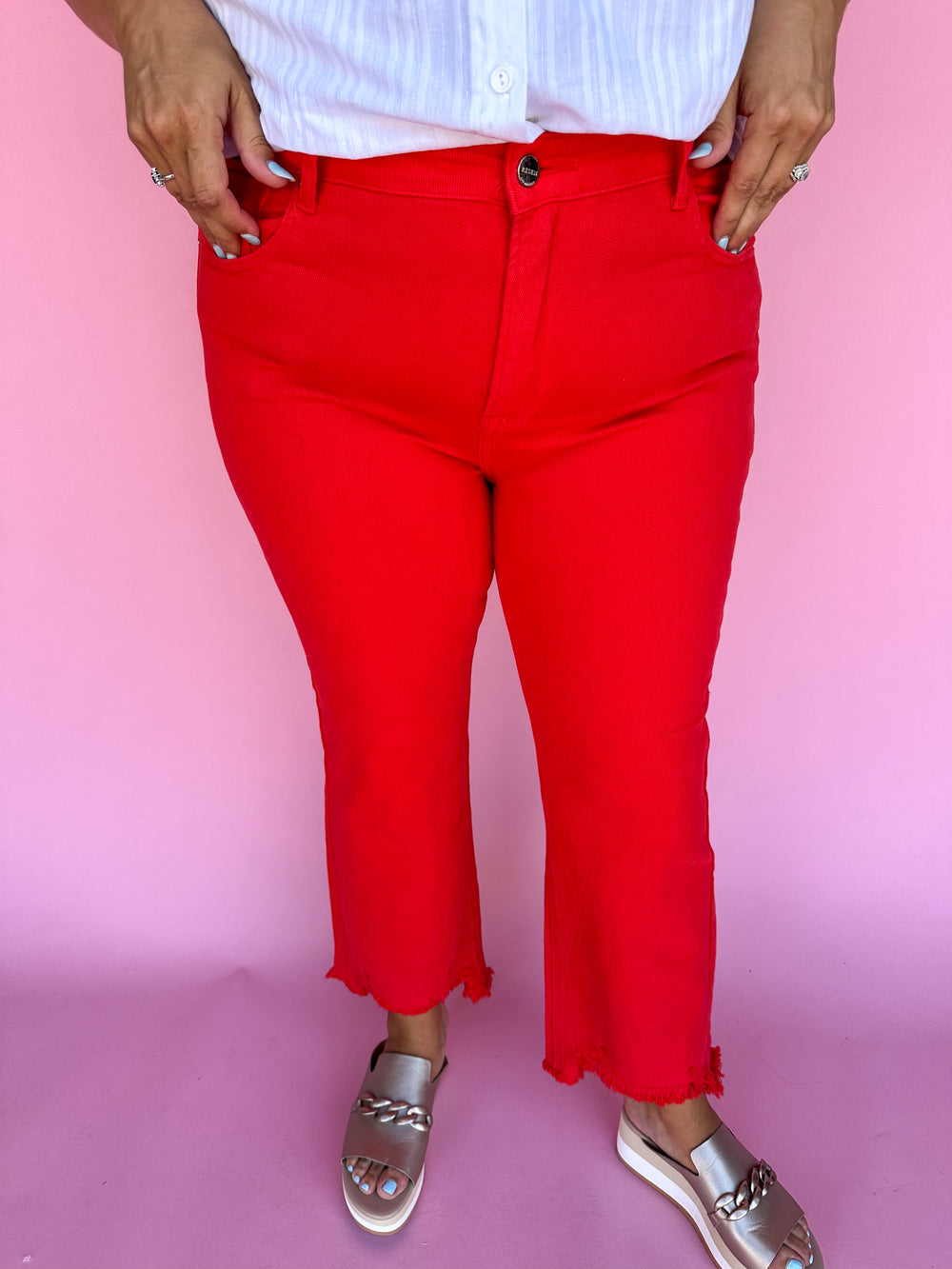 RISEN | Mid-Rise Straight Step Hem Jeans - Red