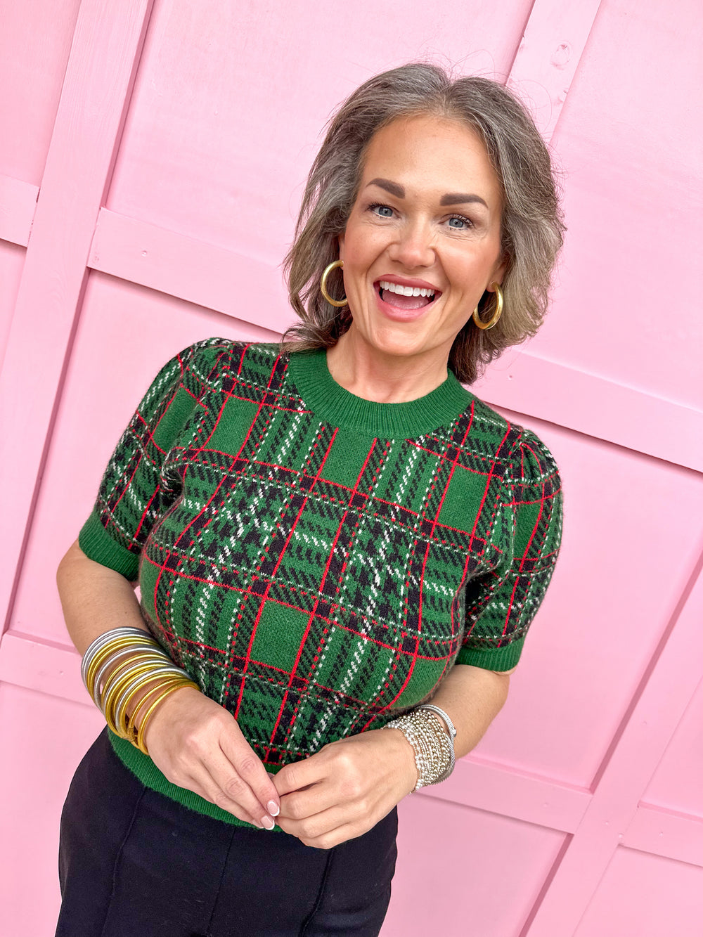 Plaid Posh Puff Top - Pine