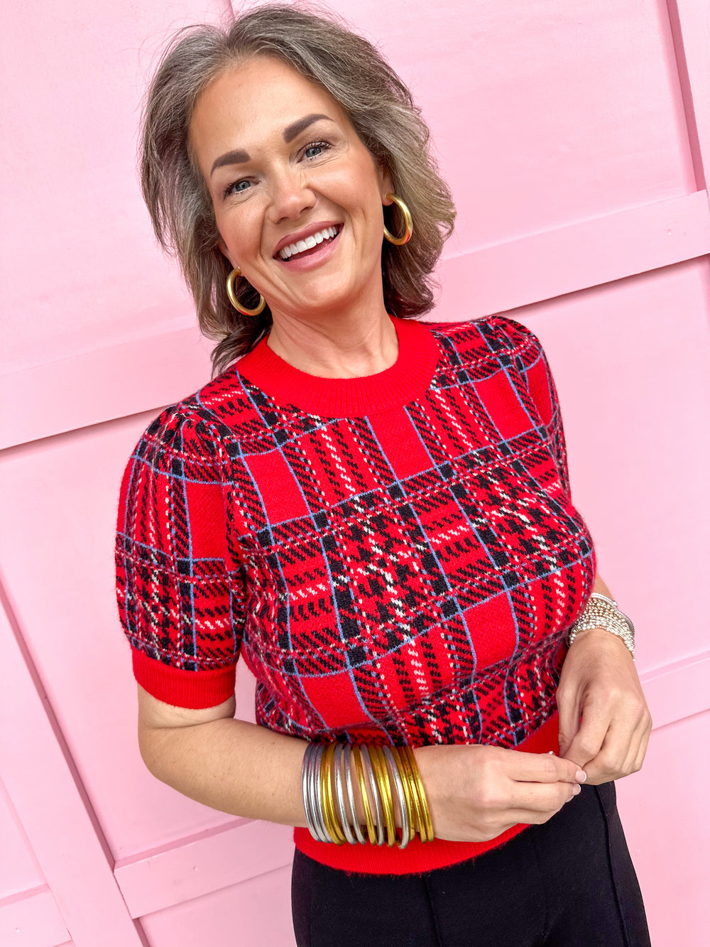 Plaid Posh Puff Top - Red