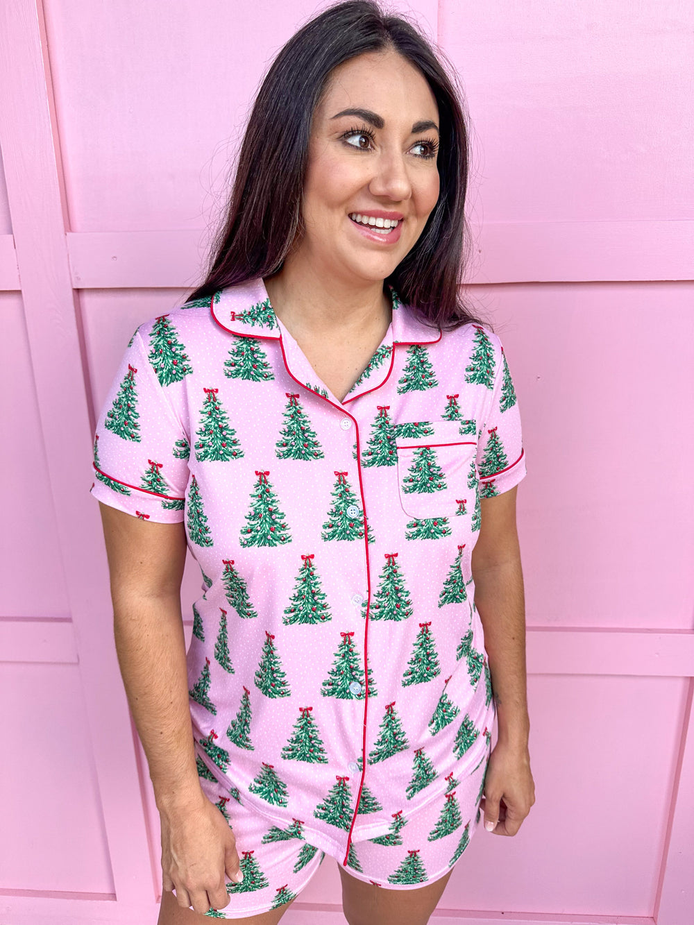 Noelle Tree S/S Button Up Sleep Shirt