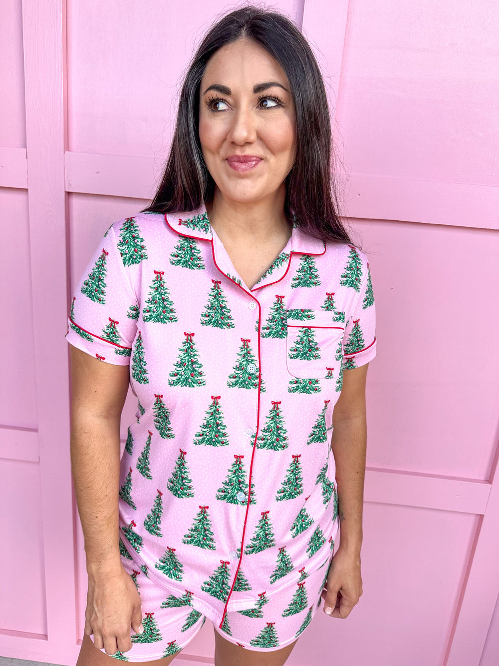 Noelle Tree S/S Button Up Sleep Shirt