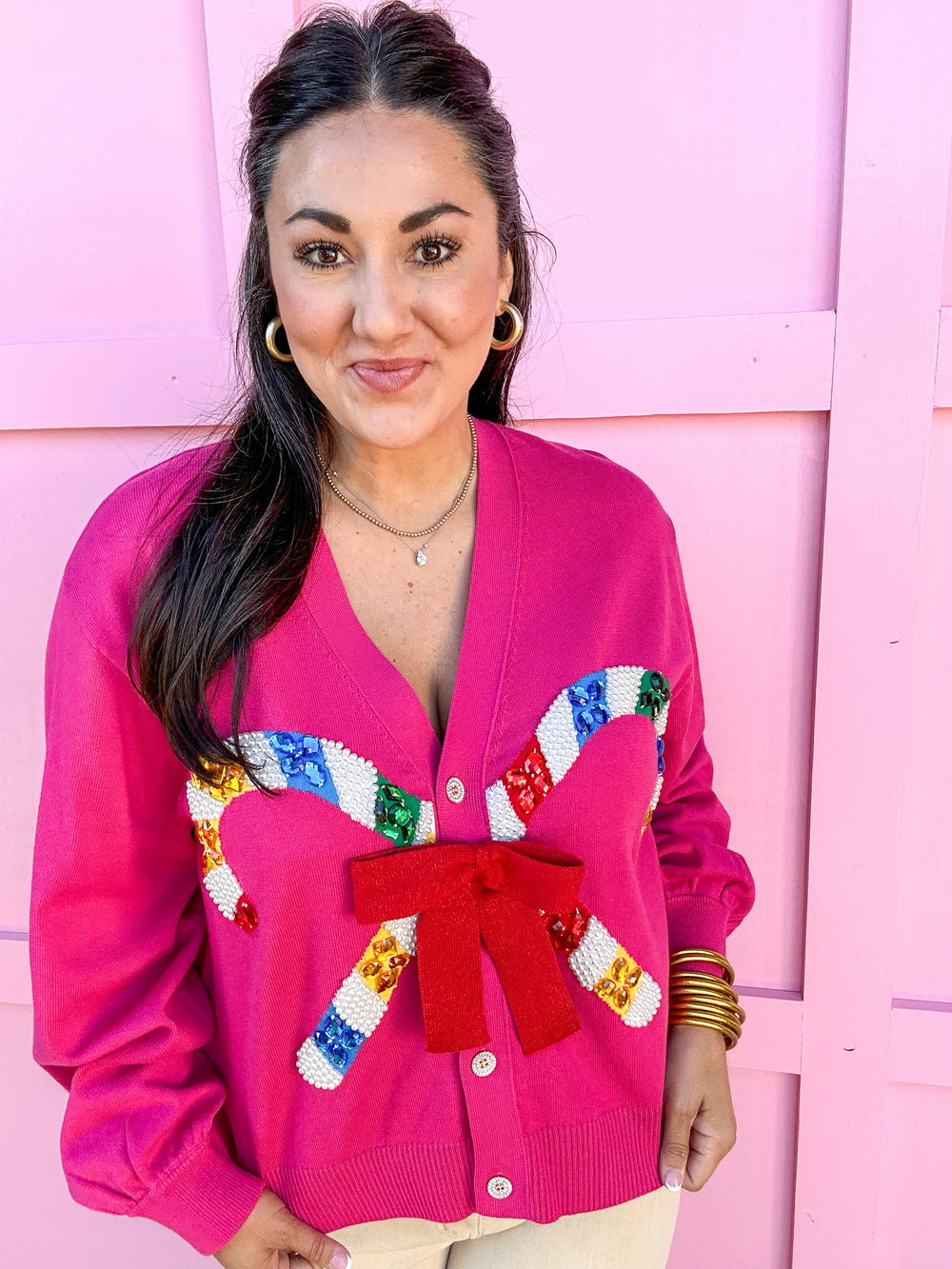 QUEEN OF SPARKLES | Pink Cardigan with Candy Cane & Bow