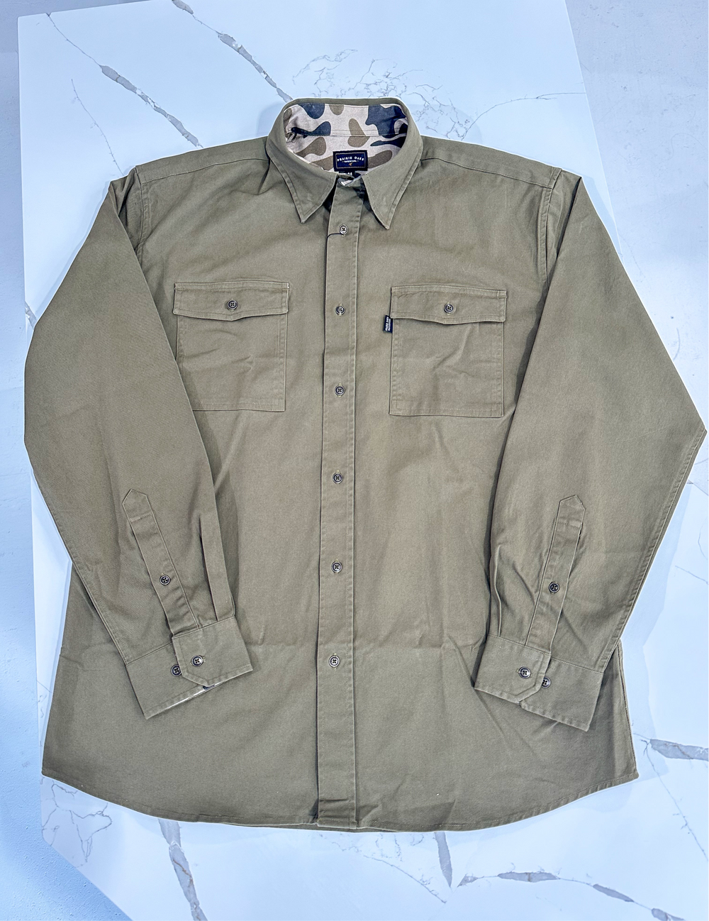 Prairie Oaks Waterfowl | Bottoms Button Down - Traditions Camo Olive