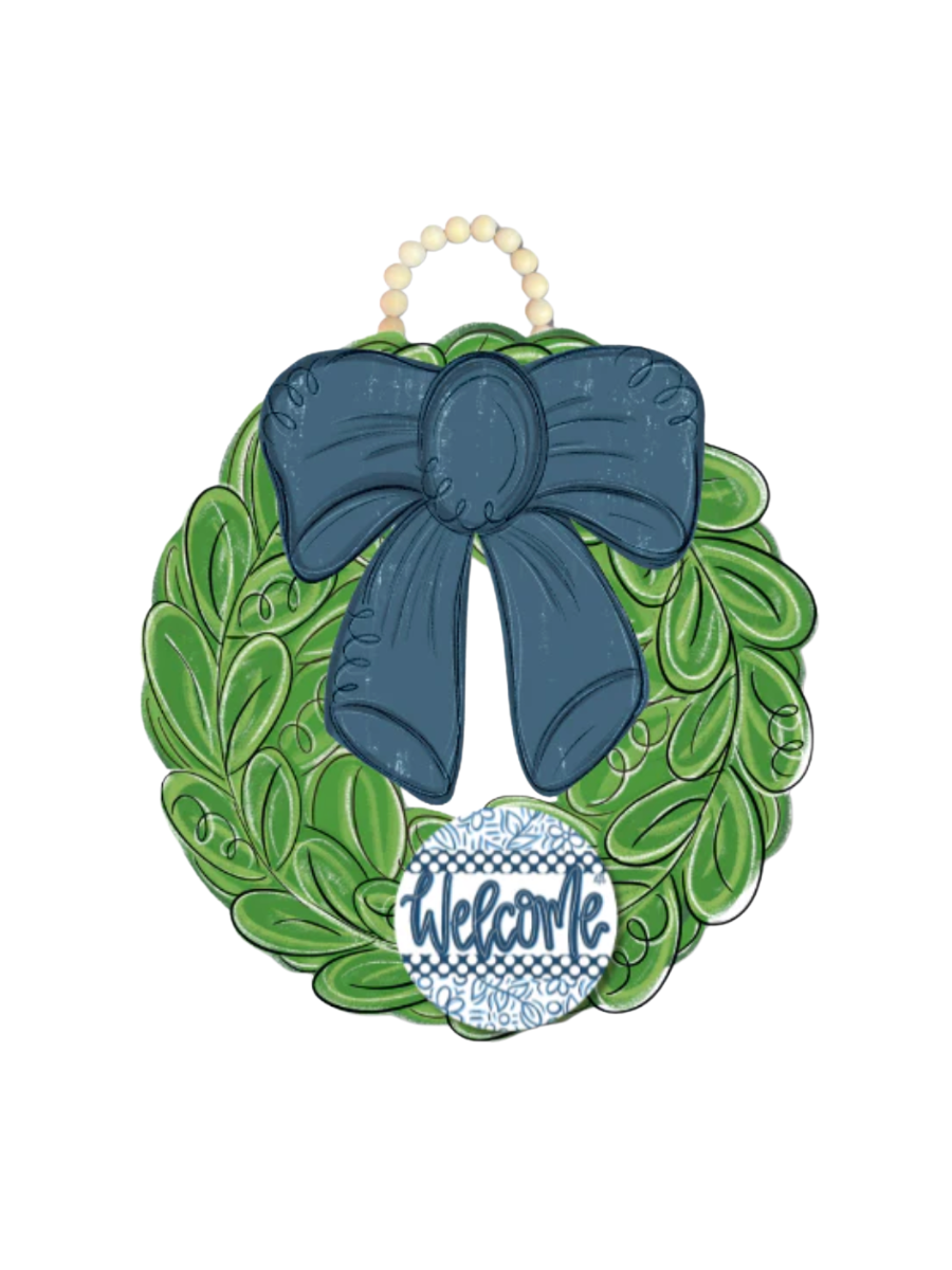 DK Designs | Navy Wreath Bow Door Hanger - Blue Welcome Mini