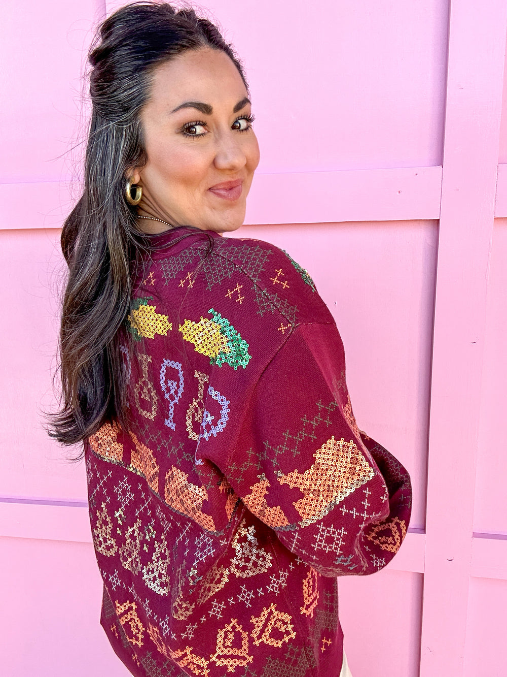 QUEEN OF SPARKLES | Maroon Needlepoint Thanksgiving Cardigan