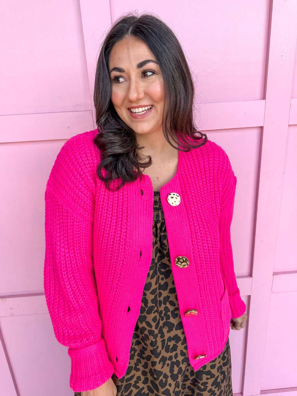 womens boutique chunky knit cardigan hot pink hammered gold buttons jincy's 