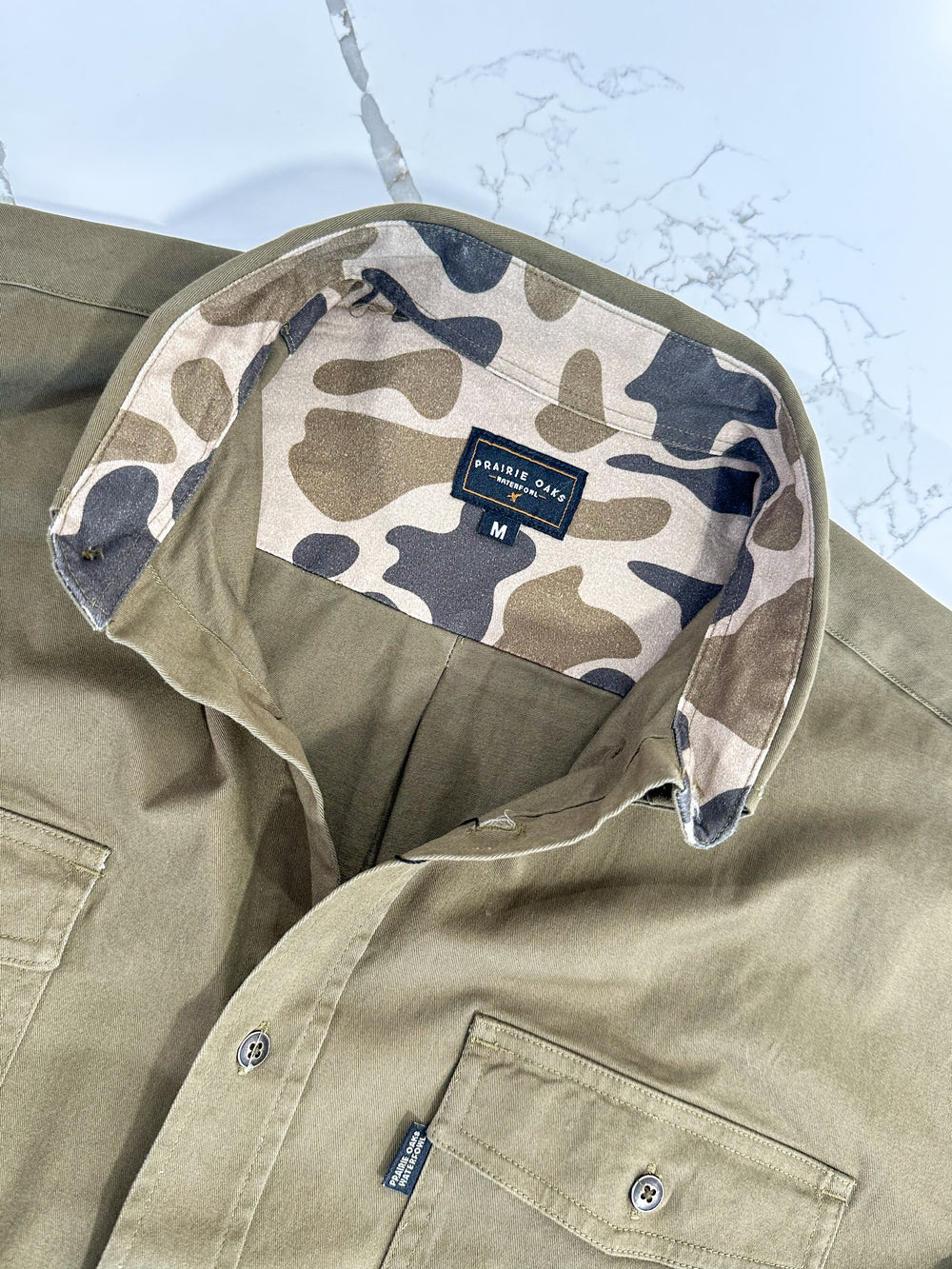 Prairie Oaks Waterfowl | Bottoms Button Down - Traditions Camo Olive